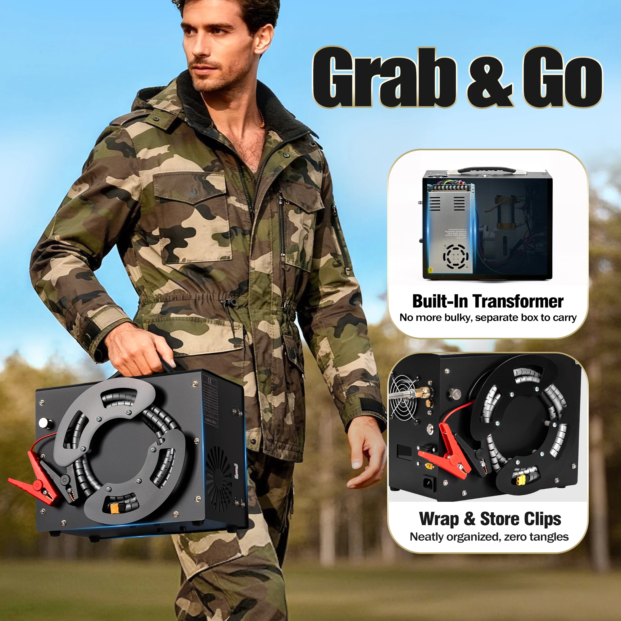 Portable 4500psi 12v 300bar Wire Spool Design Built-in Transformer Fan Cooling Scuba Diving   Air Compressor