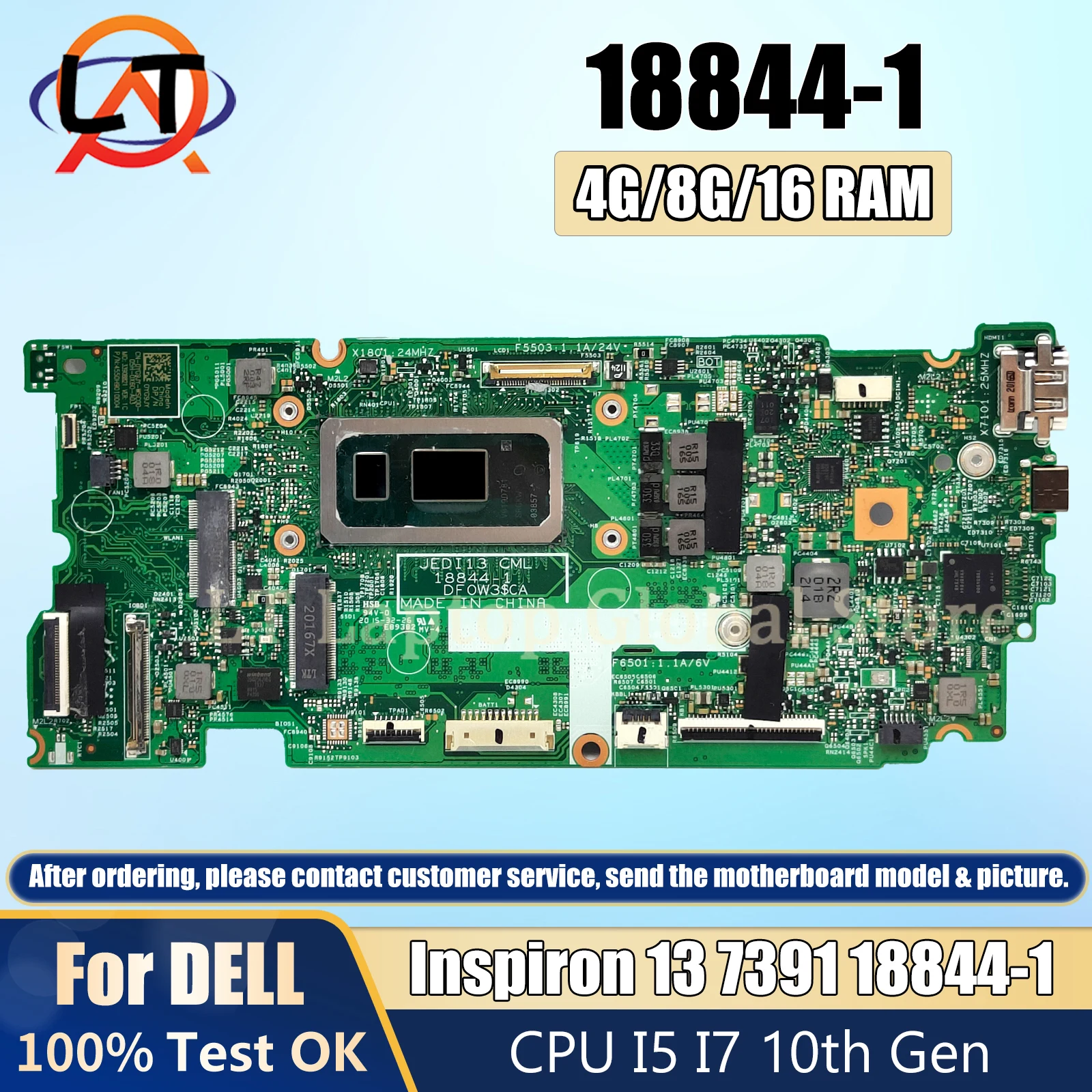 

18844-1 Mainboard For Dell inspiron 13 7391 CN-0HF90F CN-0PKNWK Laptop Motherboard With I5 I7 10th Gen CPU 4G/8G/16G RAM