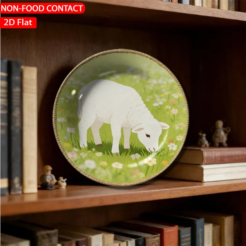 1pc Pastel Meadow Lamb Green Ceramic Plate - Retro Suitable for Home Desk Decor, Non-Food Contact Plate for Living Room,