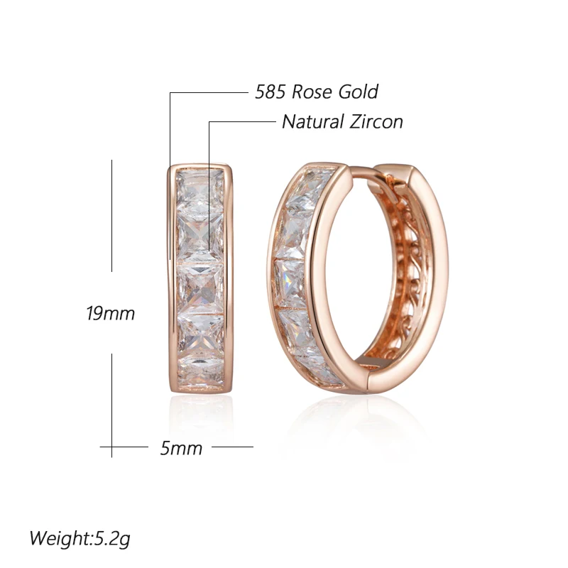 Kinel Trendy 585 Rose Gold Color Hoop Earrings For Women Luxury Square Natural Zircon Accessories Vintage Bride Wedding Jewelry