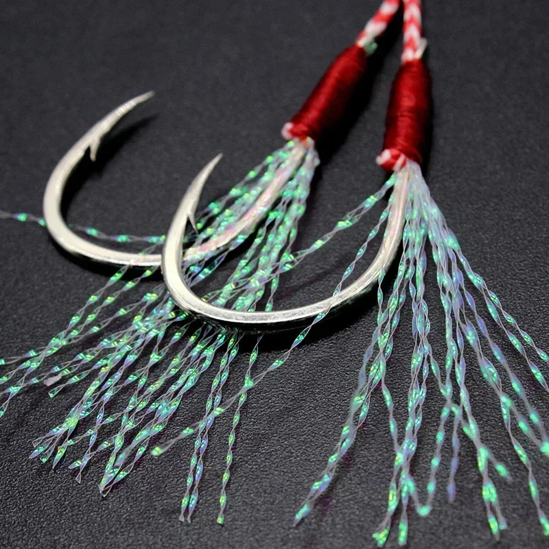 10pcs/lot Fishing Hook Jig Double PairHooks Barbed Thread Feather Accessories Pesca High Carbon Steel Fishing Lure Slow Jigging image 4