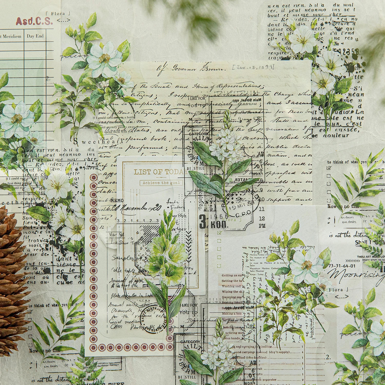 JIANQI 10 Stück/Beutel Vintage Ginkgo Blätter Blumen PET Aufkleber Paket DIY Tagebuch Dekoration Aufkleber Album Scrapbooking