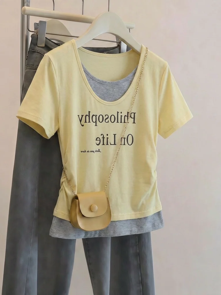 Slimming Short Sleeve T-Shirt Women's plus Size Korean Style Commute Fashion Summer New Design Shoulder Width Regular Fit Top