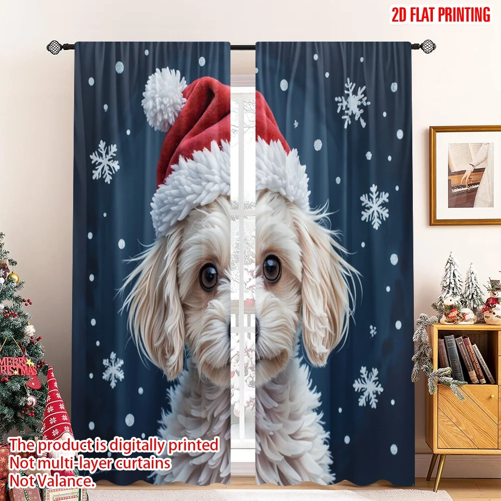 

2pcs 2D flat printing Merry Christmas Popular Window Curtains Cute Dog Christmas Snowflakes 100% Polyester Fabric Without