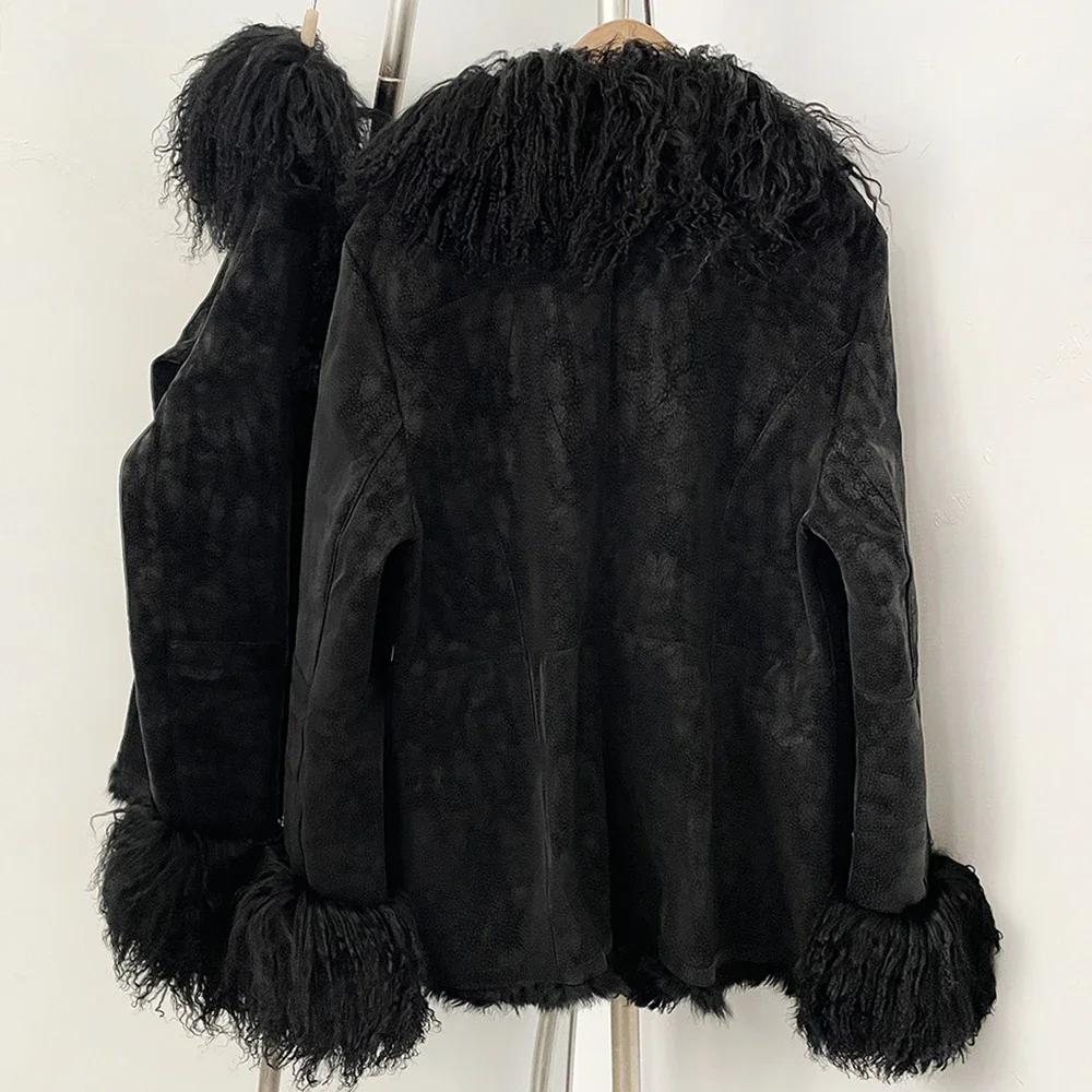 OFTBUY New Winter Warm Curly Mongolia Sheep Fur Jacket Women Vintage Shearling Coat Slim Faux Suede Real Rabbit Fur Clothing