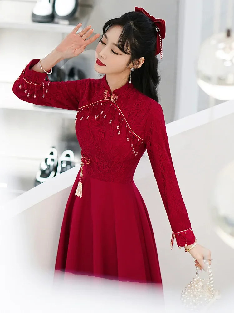 Vrouwen Traditionele Chinese Kleding Kant Cheongsams Trouwjurk China Nieuwjaar Rood Qipao Toast Bruidsjurk Plus Size Gewaad