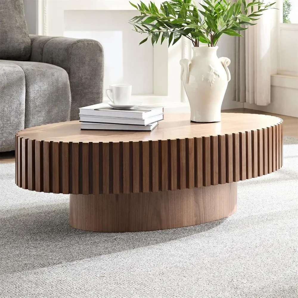 43.7'' Coffee Tea Table Handcrafted Relief Pedestal Sturdy Wooden Olive-Shaped for Living Room