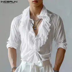 INCERUN Men Shirt Lace Patchwork Transparent Ruffle Lapel Long Sleeve Casual Men Clothing Streetwear 2024 Fashion Camisas S-5XL