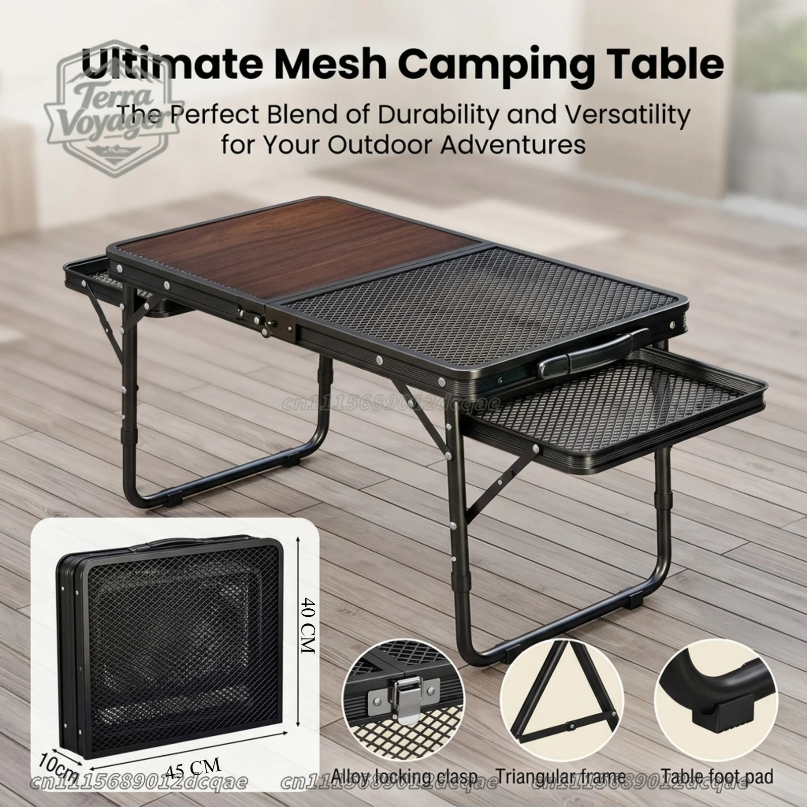 Portable Mesh Folding Camping Table with Slide-Out Side Shelf, 2-Level Adjustable Height Lightweight Aluminum Outdoor Table