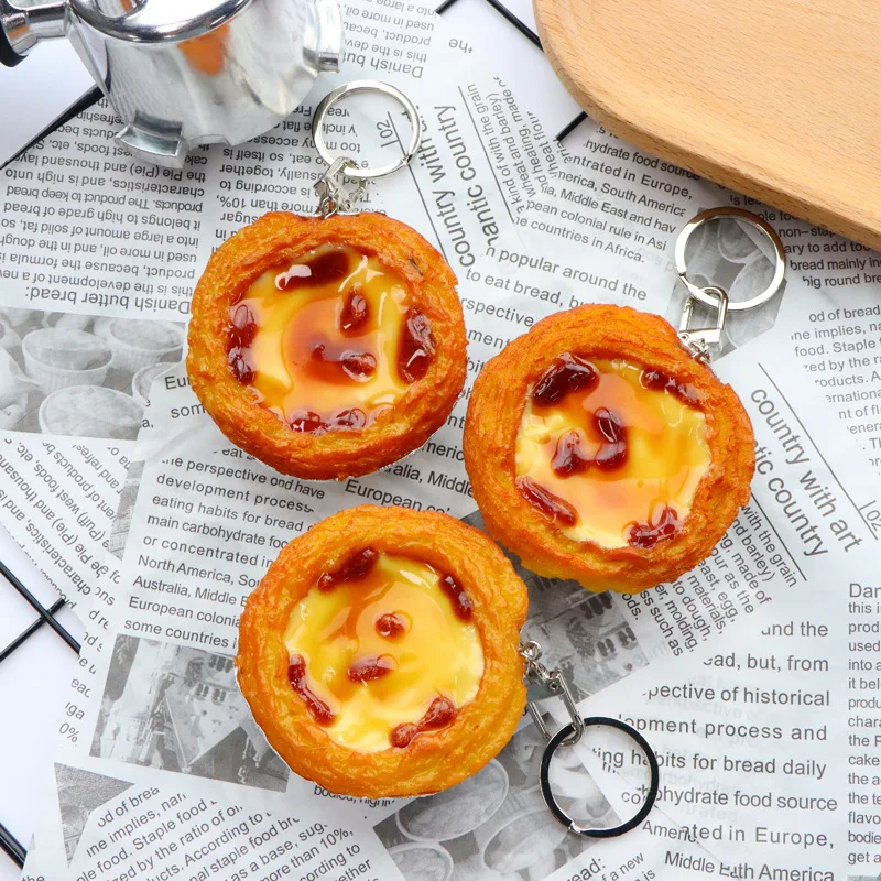 New Egg Tart Keychain Creative Fashion Simulation Food DIY Toy Model Keyring Car Phone Bag Pendant Gift Ornament Trinket Jewelry