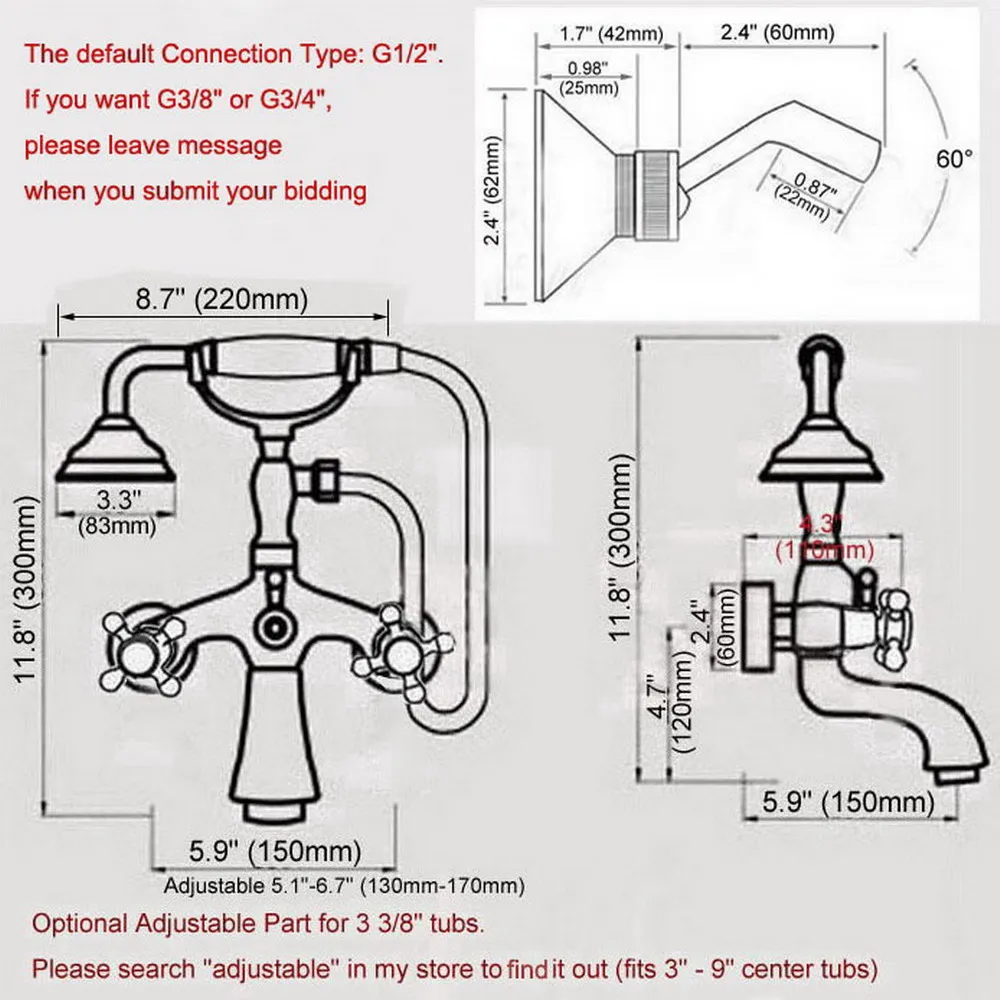 Antique Red Copper Double Handle Wall Mounted Bathroom Bath Tub Faucet Set with 1500MM Hand Held Shower Spray Mixer Tap 2na373