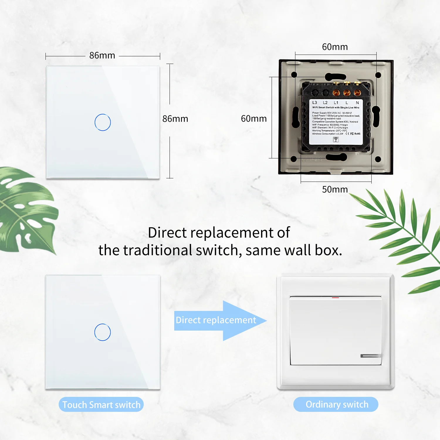 TouchMI Tuya Wifi Switches 2Way Smart Touch Stairs Switches Tuya Google Smart Life Alexa App Wireless Control Glass Panel