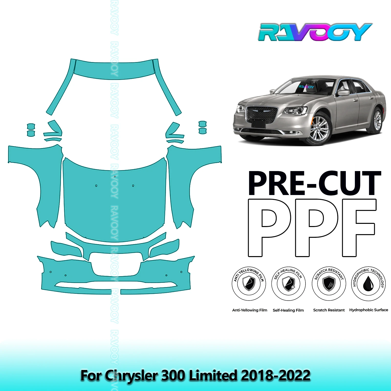 

Для Chrysler 300 Limited 2018-2022 Прозрачный бюстгальтер 8,5 мил, передний комплект, предварительно вырезанный прозрачный бюстгальтер PPF
