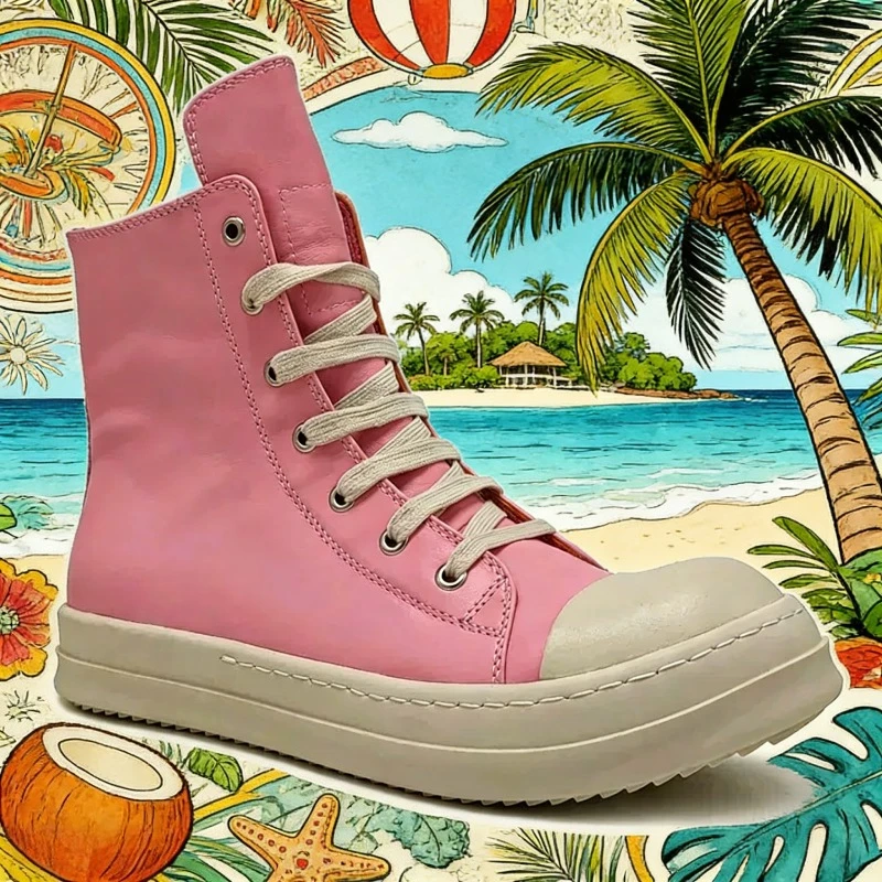 

Женские ботинки на платформе из натуральной кожи, розовые, высокие кеды для молодых девушек, модные женские ботильоны