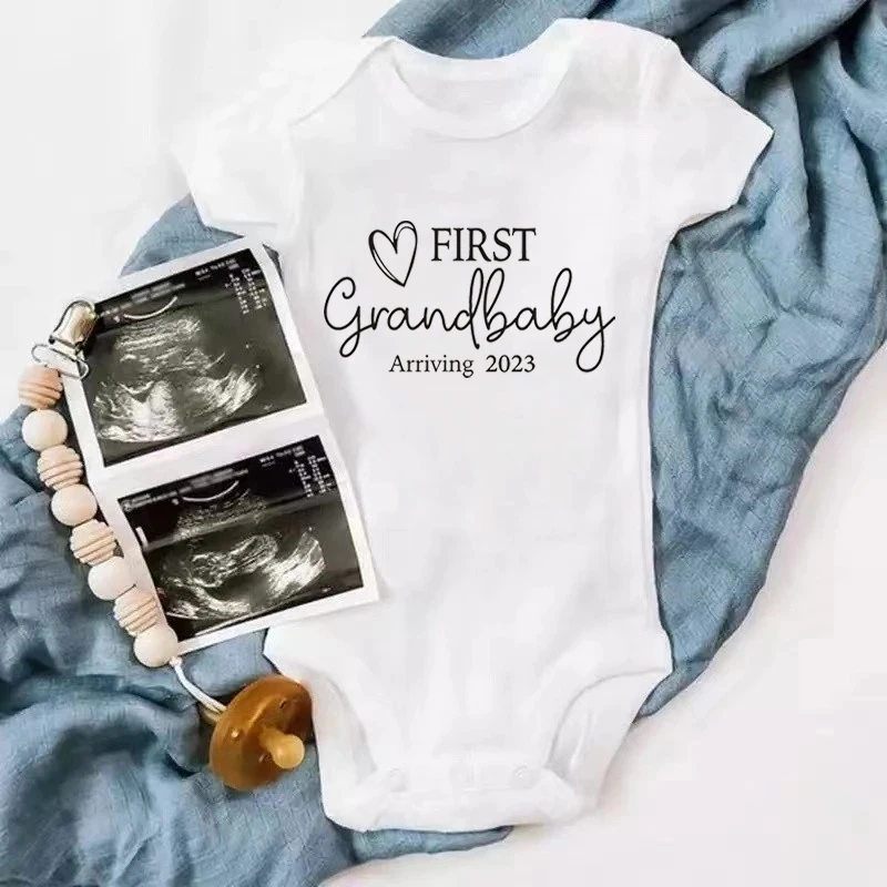 First Grandbaby Arriving 2023 Baby Announcement Bodysuit Jumpsuit Pregnancy Announcement for Grandparents Baby Shower Gift