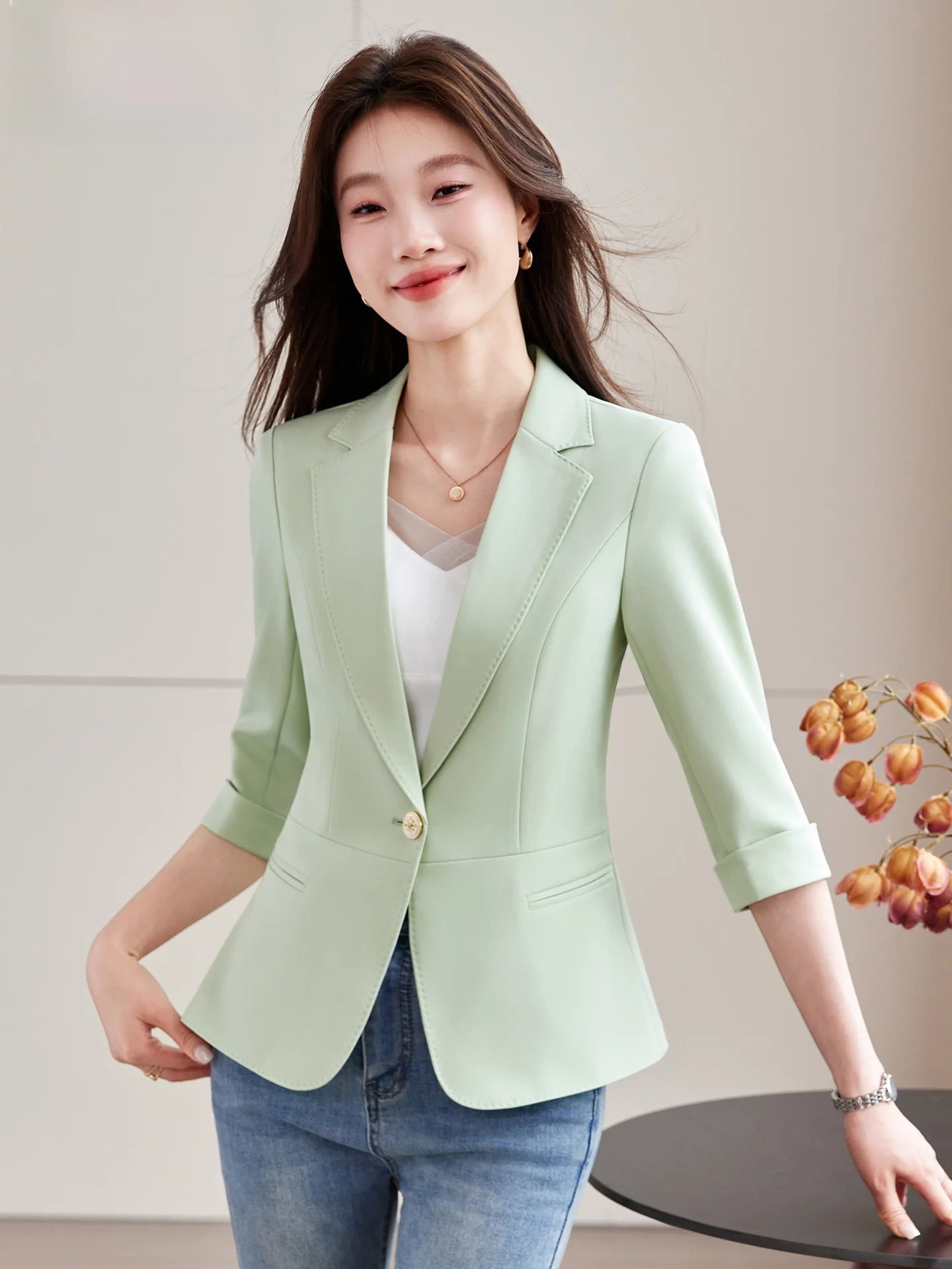 Slim Fit Green  Colored  Jacket Women's Three Quarter Sleeve Thin Fashionable Korean Style Business Suit Coat