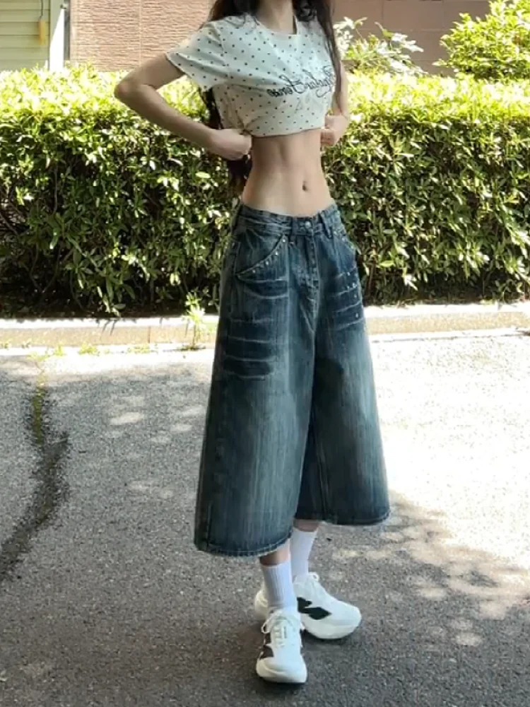 Sweet Cool Spicy American Style Rhinestone Denim Seven-Foot Pants Women Summer Design Loose Slim Straight Leg Wide Leg Mid-Pants
