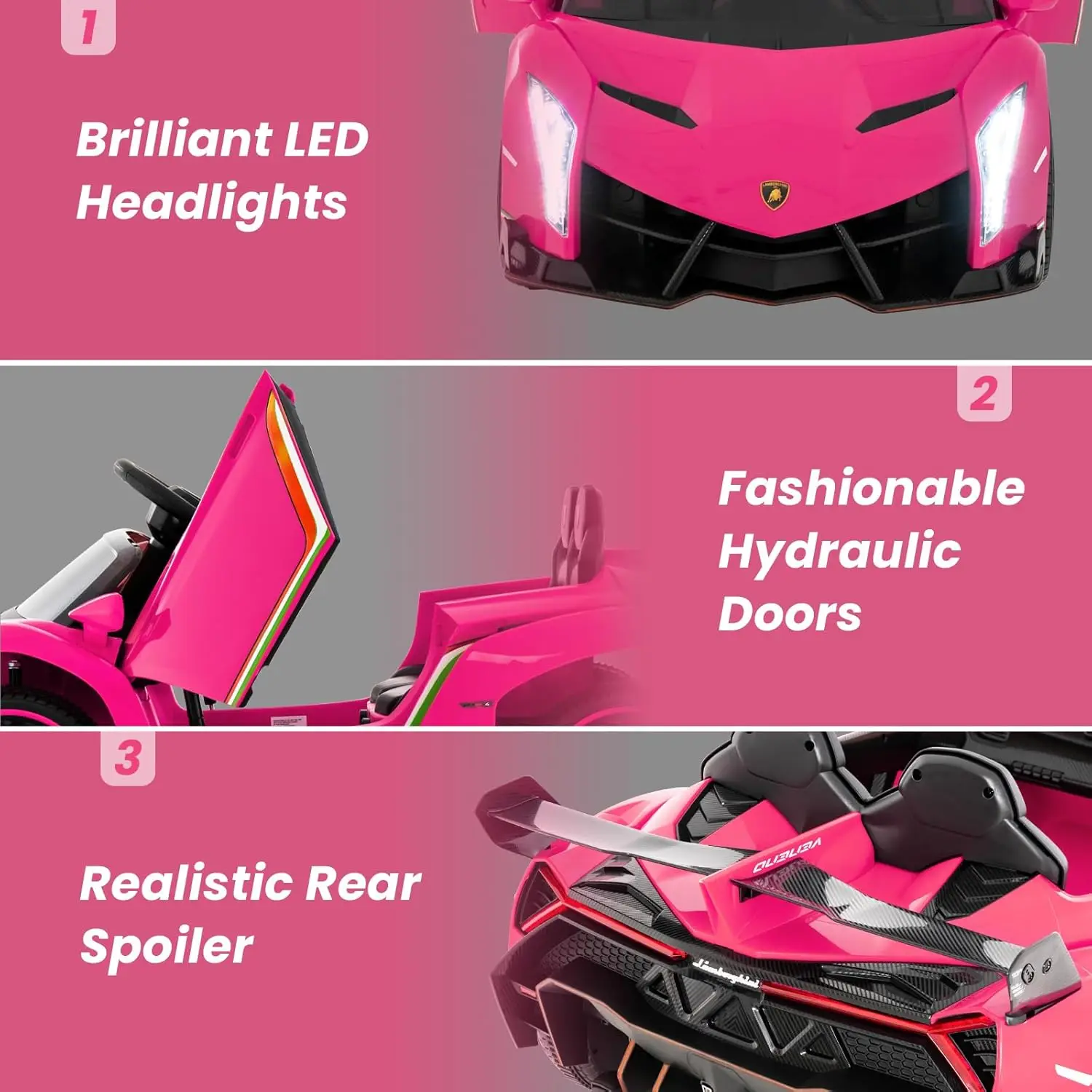 Pink Ride On Car, lizenziertes 12-V-Elektrofahrzeug für Kinder, 3 Geschwindigkeiten, zu öffnende Tür, Hupe, Musik, Steuerhebel, Kleinkind-Fahrt auf C