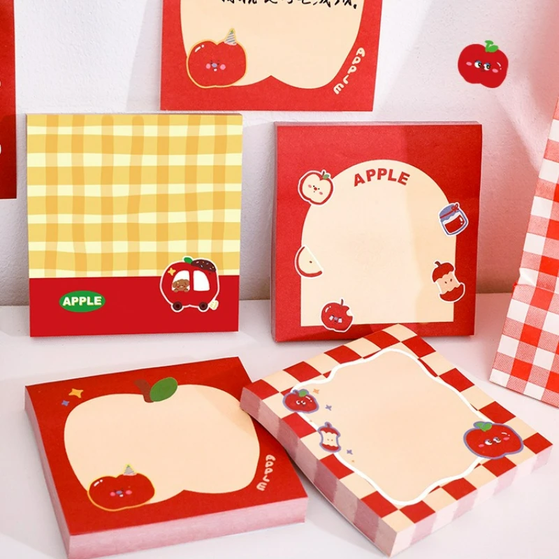 Cute Red Apple Pattern Sticky Notes Kawaii Grid Design Self Stick Memo Sheets Decorative Scrapbook Notepad for Girls Office