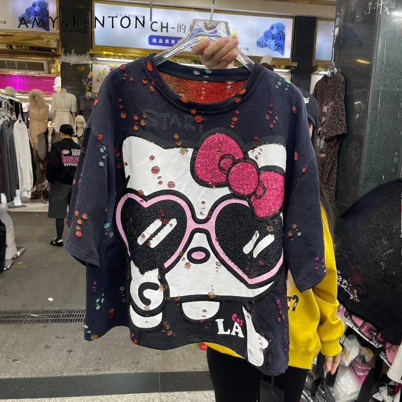 

2025 Autumn New Heavy Sequin Cartoon Cat Print Short Sleeves T-shirt For Women's Loose Slimming Versatile Top Tshirts Pullover