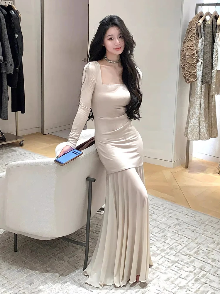 REDDACHiC vestido de sirena de malla de punto nuevo en mangas largas cuello cuadrado fruncido ceñido al cuerpo Maxi vestido largo elegante ropa de mujer de otoño