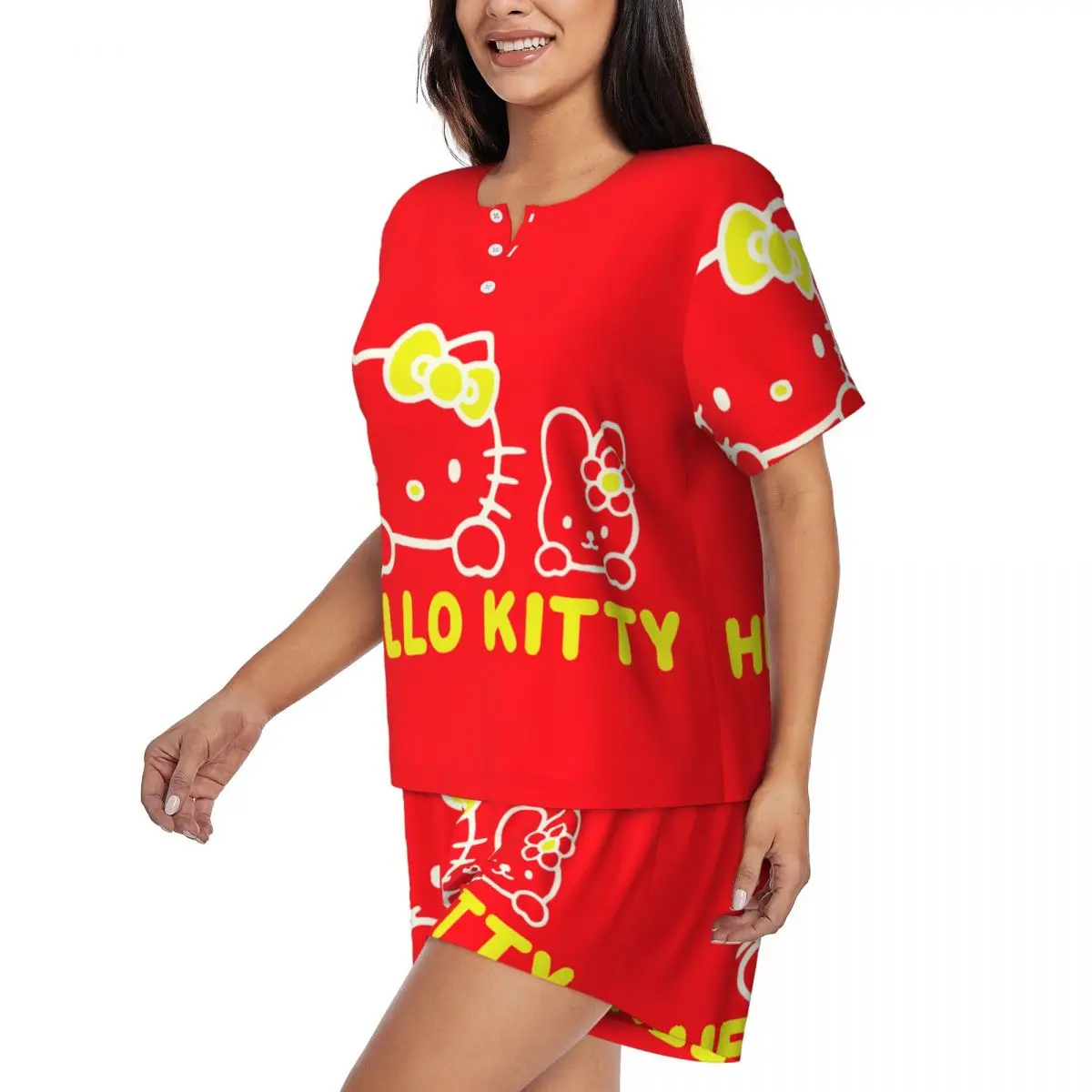 Custom Cartoon Anime Hello Kitty Pajamas Set Women's Short Sleeve Sleepwear Loungewear 2 Piece Pjs