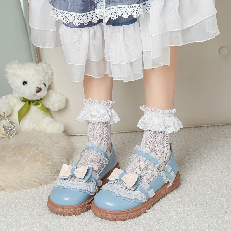 Contrast Color Fashion Sweet Lolita Shoes School Girls Bow Lace Flat Heel Pumps Strap Buckle Japanese Kawaii Princess Cosplay