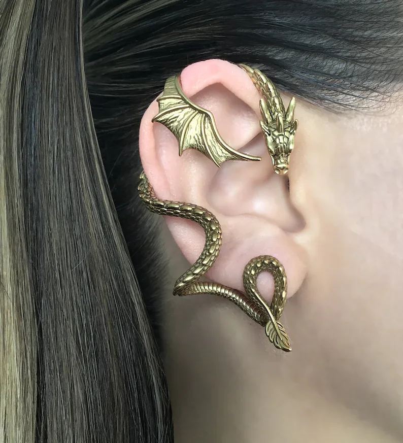 Vintage Gold Color Dragon Left Stud Earrings Woman Retro Personality Design Animal New Female Ear Ornament Jewelry Stud Earrings