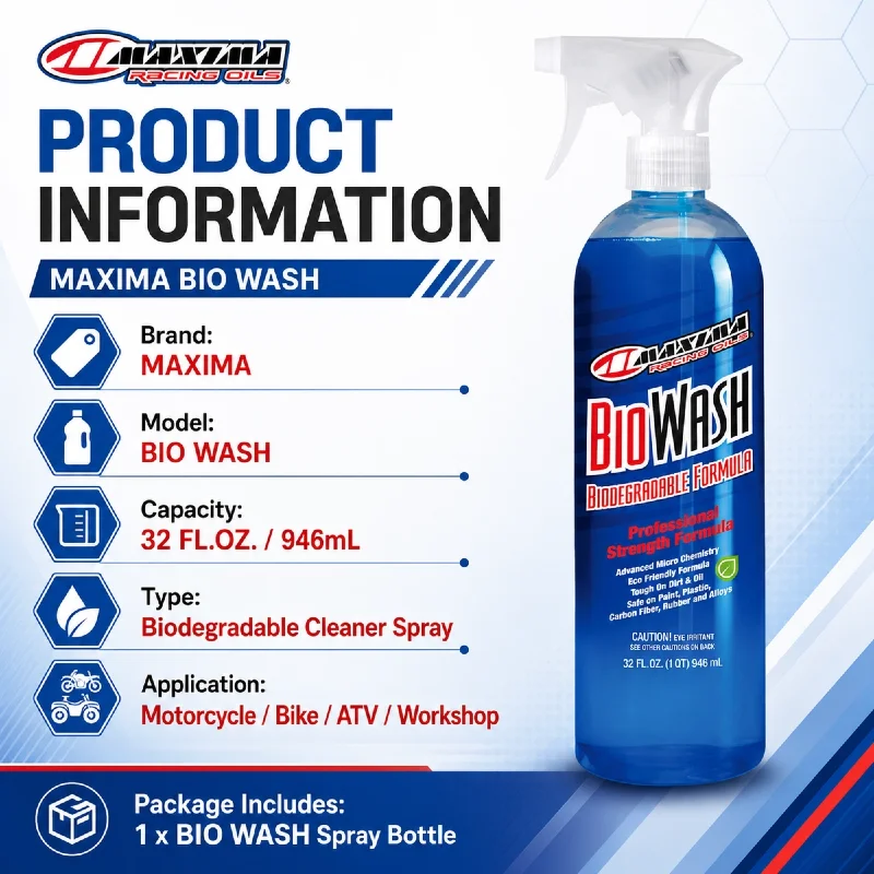 MAXIMA Bio Wash Biodegradable Motorcycle Bike Cleaner Spray Dirt Oil Grime Remover for ATV Plastic Rubber 946ML