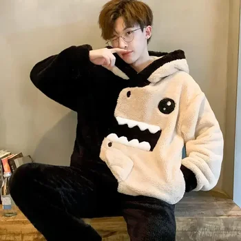 Sonbahar kış gençlik uyku elbise takım mercan peluş kıyafeti büyük boy pijama erkekler flanel genç erkek ev tekstili Set kalınlaştırmak
