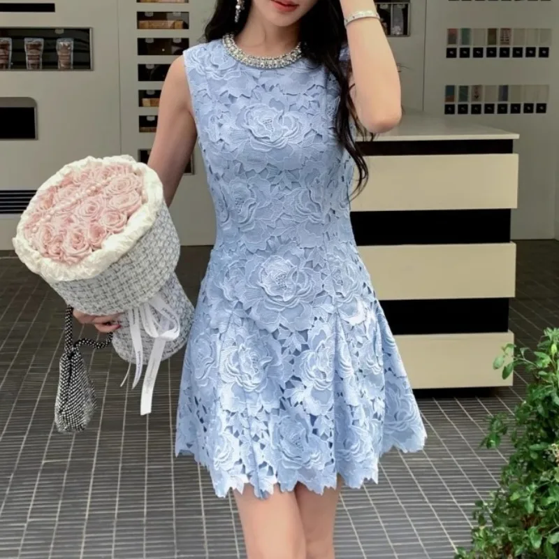 UNI Luxe Kristal Kant Formele Jurk Dames Zomer Elegant Kralen Uitgehold Borduren Prom Avondfeest Korte Jurken Blauw
