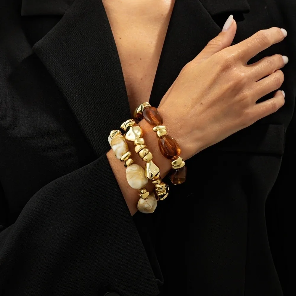 3 pcs/set Adjustable Resin Stackable Bracelets Multi-Layered Acrylic Stretch Hand Chain Gold Metal Brown Marble