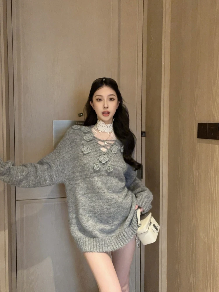 

Elegant Red 3D Flower Tied Sweater Women's Loose Casual Knitted Shirt Spring Inner Wear Top V-Neck Long Sleeve Casual Style