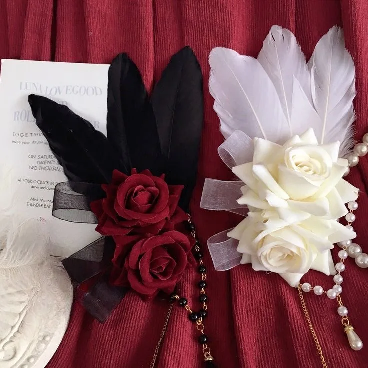 로리타 화이트/레드 장미 깃털 머리핀, 스위트 헤어웨어, 진주 푹신한 소녀 사이드 클립 머리핀, 고딕 빈티지 헤어 액세서리