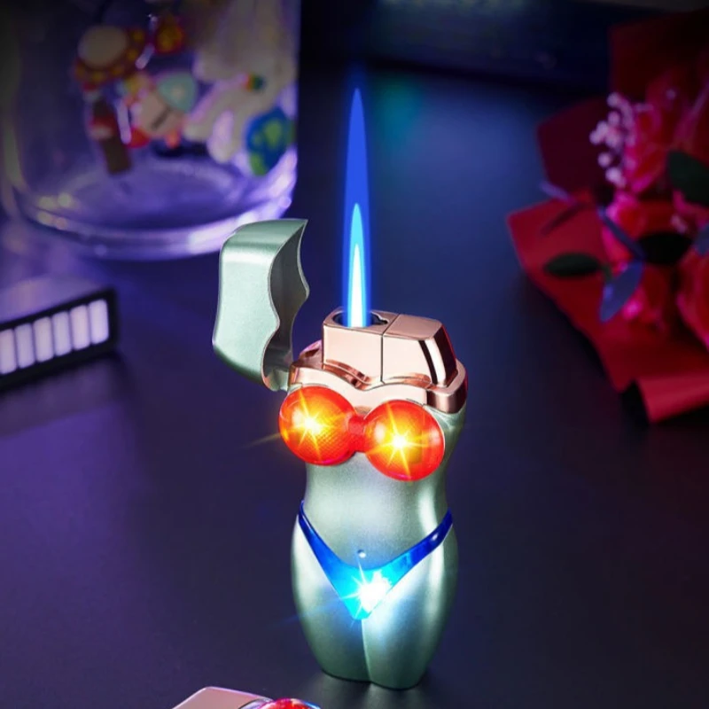

Glowing Bikini Beauty Style Torch Lighter Windproof Straight Blue Flame Inflatable Butane Lighter Smoking Gadgets for Men Gifts