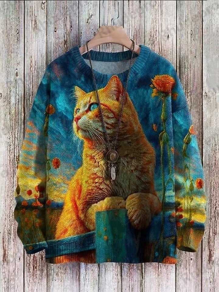 Christmas Devil Play Violin Black Cats Art Pattern Print Casual Knit Pullover Sweatshirt Men's For Women's Pullover