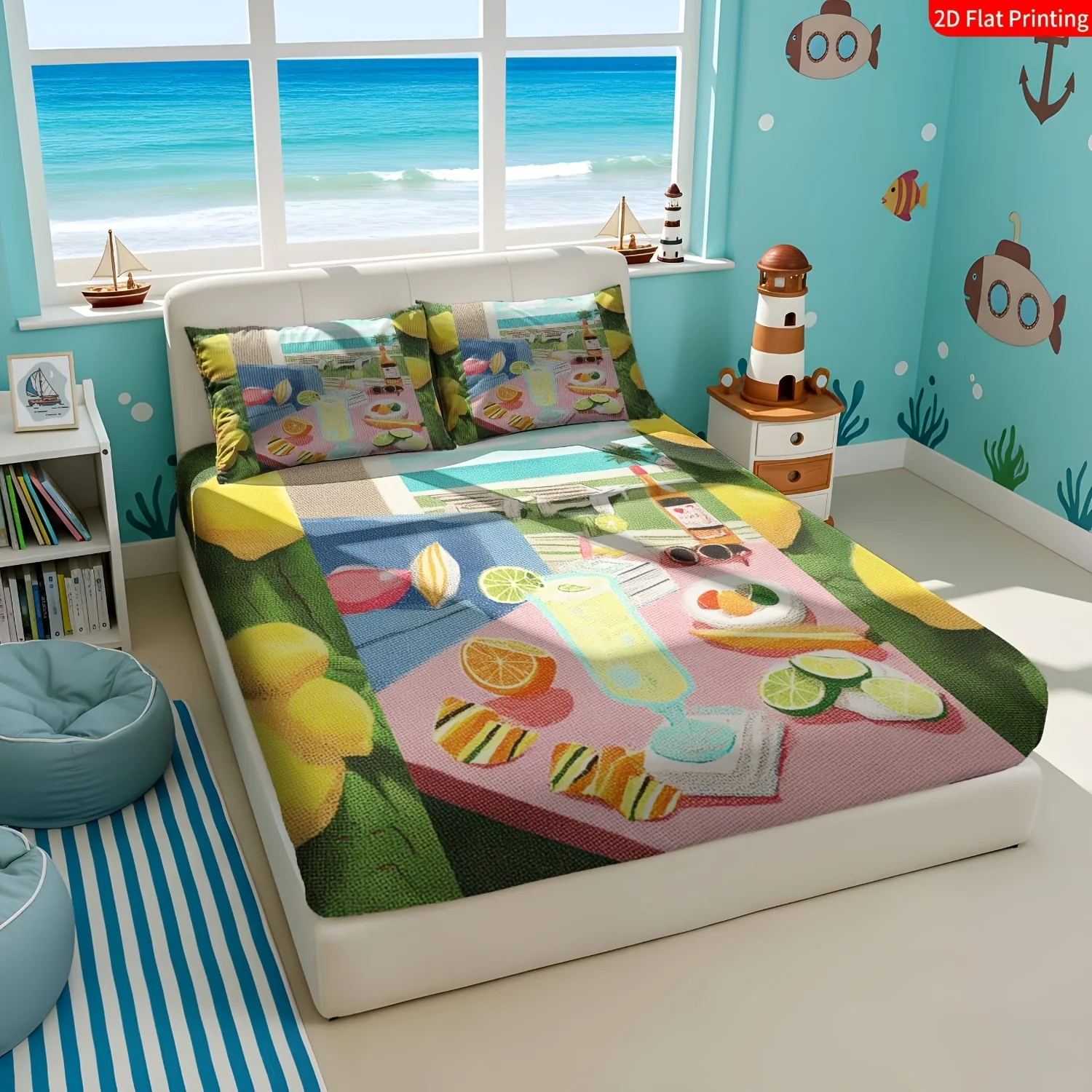 2D Printed Bedding Set, Mattress Protector, Fitted Sheet with Elastic Band, Protective Cover, 2D Flat Printing, Mattress Protector, Tropical Summer Style, Beach-Themed Bedding for Resort Villages, Resort Hotels, Bedrooms - Holiday Decoration, Various Sizes, Breathable Protective Cover with Pillowcase