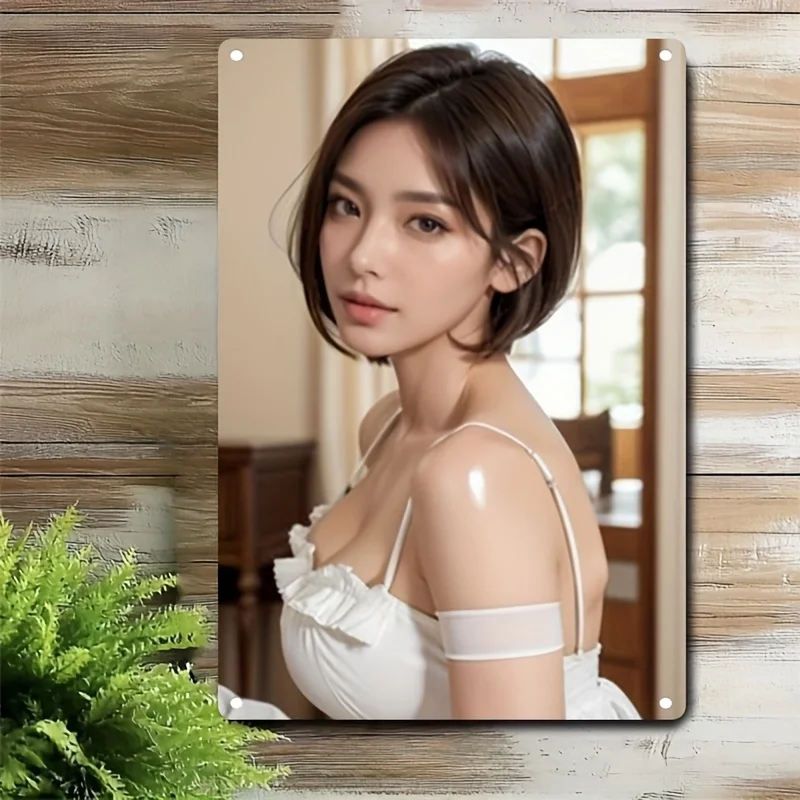 High Definition Tin Painting Short-Haired Asian Woman in White Frilly Dress Indoor Portrait Metal Sign Wall Art Decor