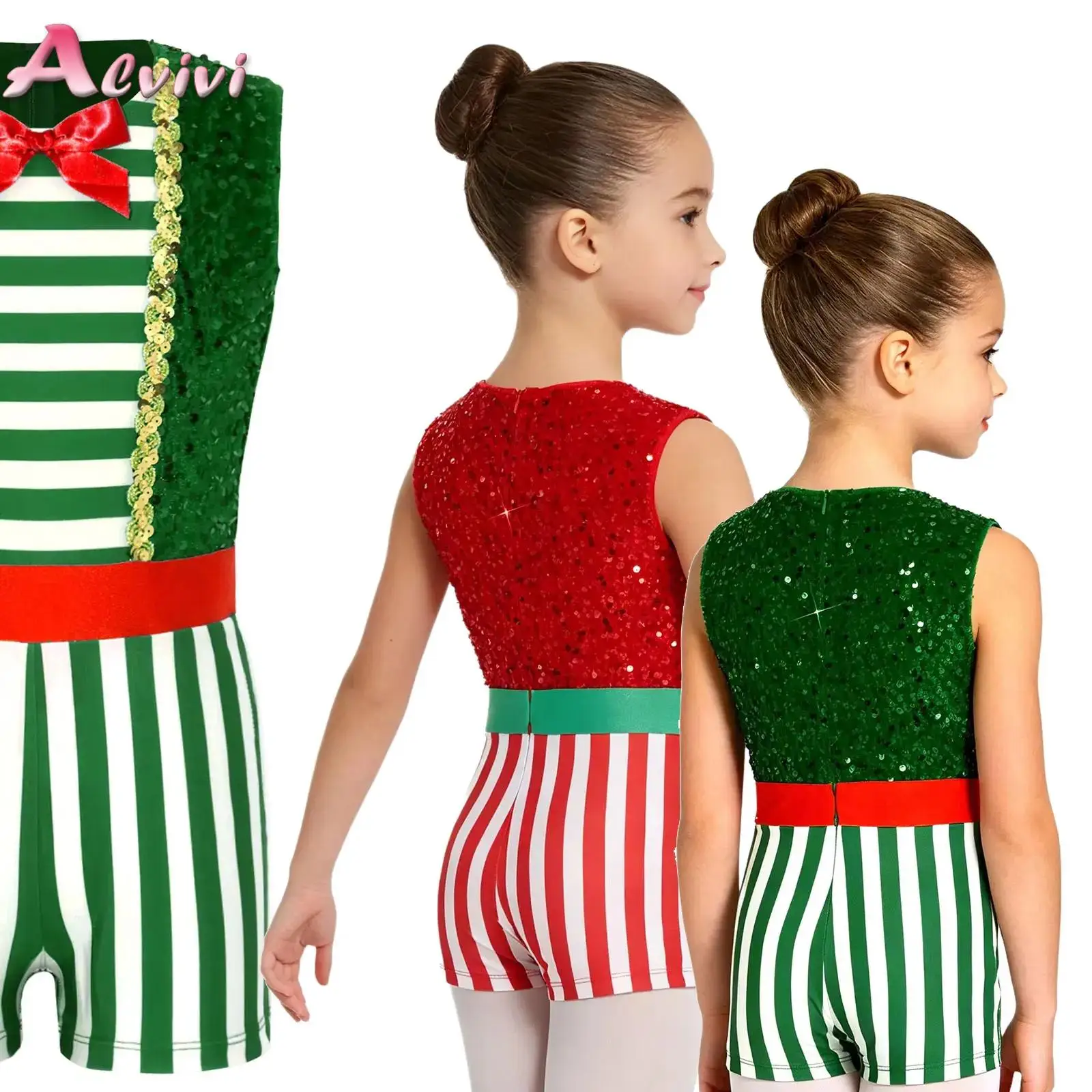 Traje de Navidad para niñas con diseño de bastón de caramelo, mono de terciopelo con lentejuelas brillantes y bloques de color, sin mangas, estilo ballet.