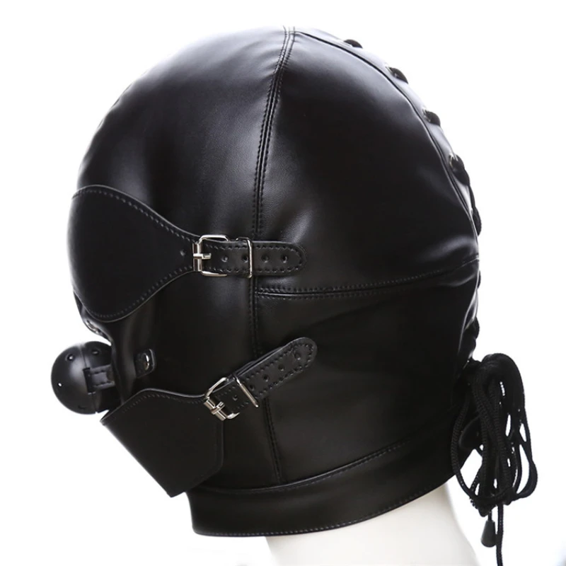 BDSM Sex Black Pu Leather Head Bondage Hood Mask Open Eye Mouth with Erotic Couple Flirting Toys Adjustable Mask Cosplay Harness