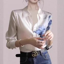 Vintage Chiffon Loose Shirt Tops Spring New Polo Neck Printing White All-match Office Blouse Elegant Temperament Women Clothing