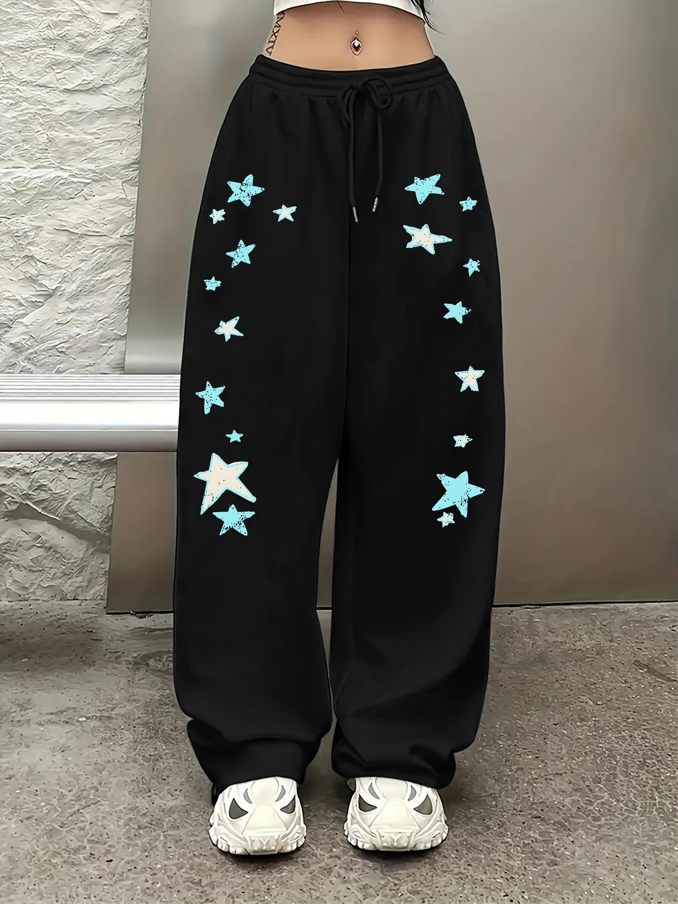 Y2K Baggy Sweatpants Light Blue Star Print Drawstring Loose Wide Leg Pants Hip Hop Streetwear Casual Trousers