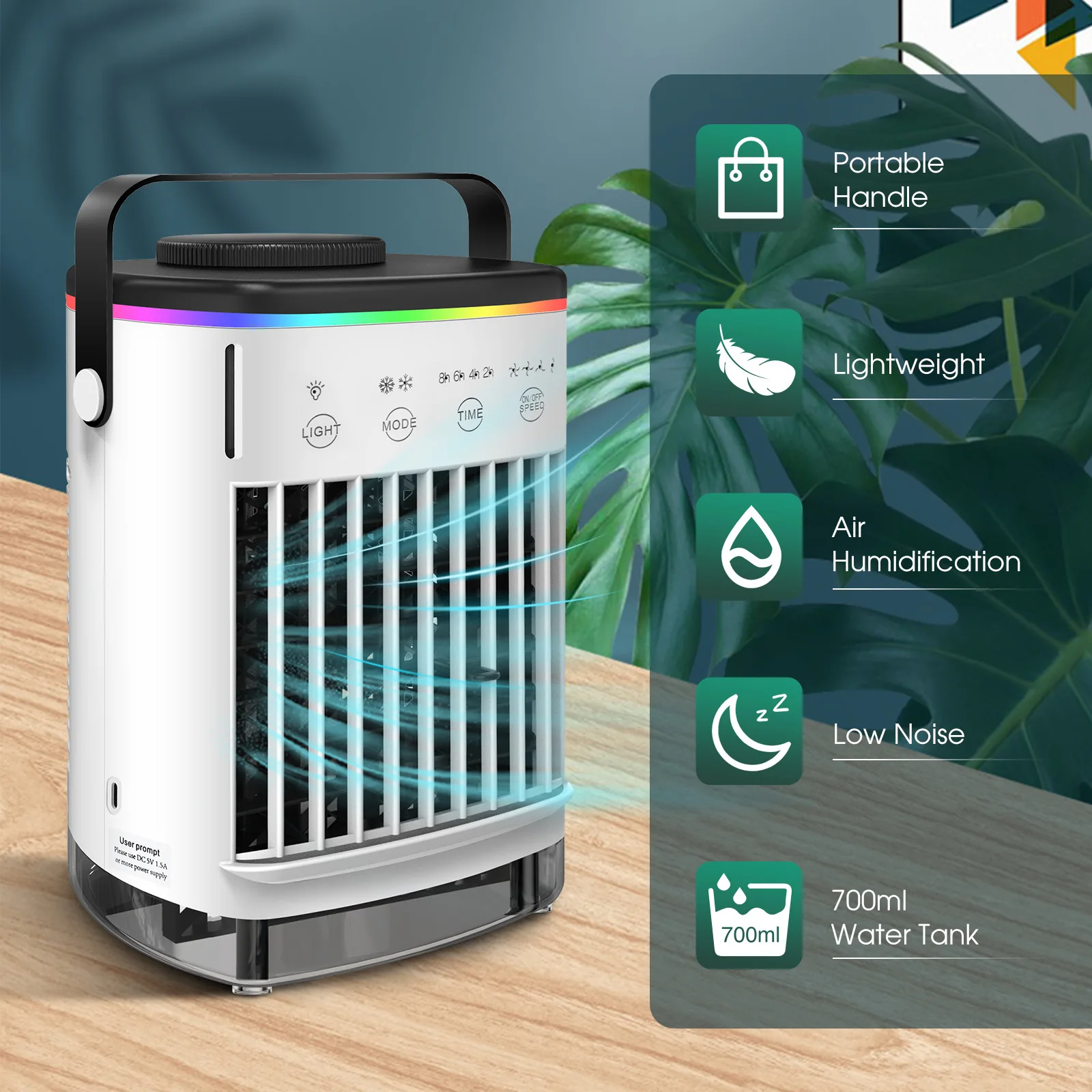 Ventilador de aire acondicionado, nebulizador humidificador USB, Mini enfriador de aire de 750ml, ventilador de luz de ambiente para el hogar, ventilador eléctrico portátil