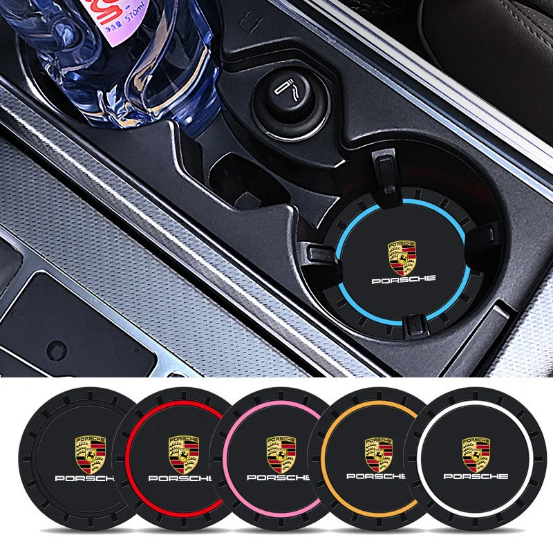 2pcs Car Coasters Pads Water Cup Slots Non-Slip Mat For Porsche Panamera Cayenne Taycan 911 718 Macan Carrera-GT 928 944 968 944