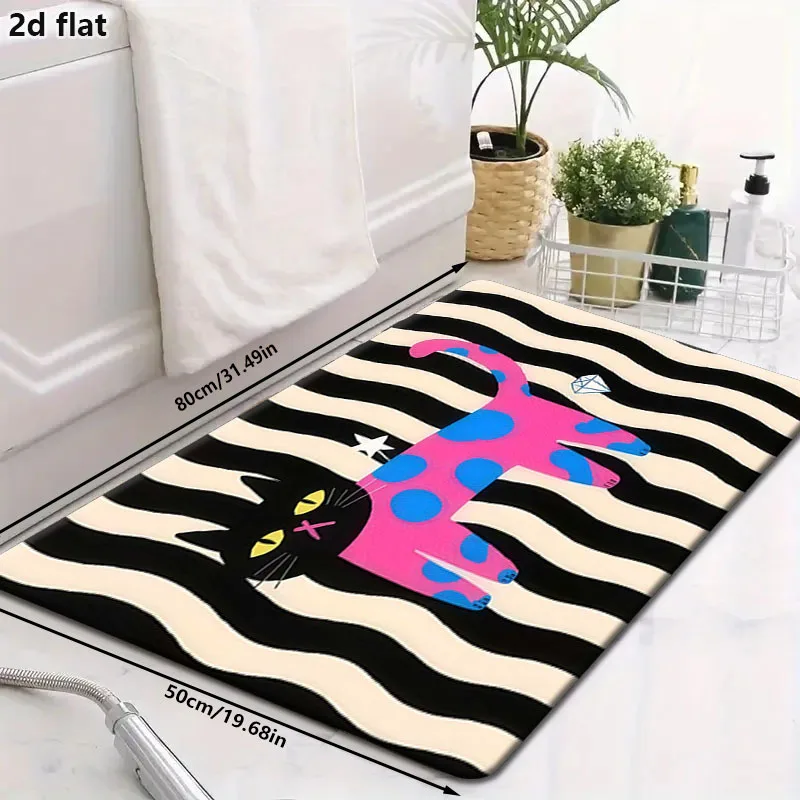 2D Flat Pink Cat Blue Spots Zebra Stripes Pop Art Flannel Door Mat Non Slip Funny Animal Rug For Entryway Bathroom Floor Decor