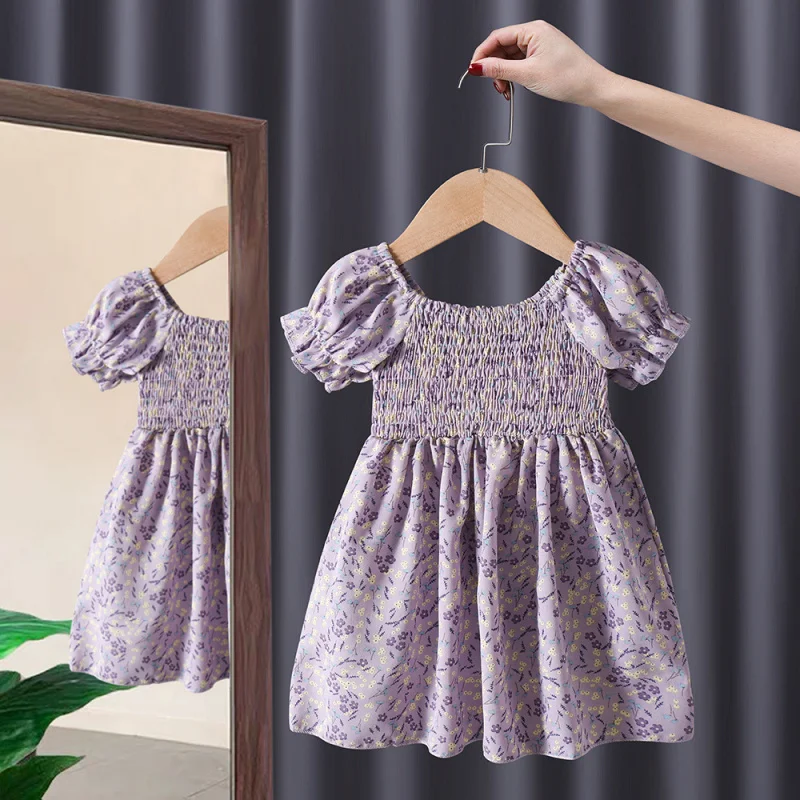 

Girls' Floral Dress2024Summer New Baby Bubble Sleeve Princess Dress Little Girl Waist-Slimming Dress