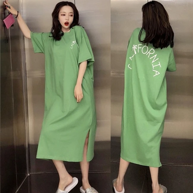Summer New Korean Style Long Oversized Knee-Length Sleep Dress Women's Comfortable Home Clothes Sleepwear Can Be Worn outside