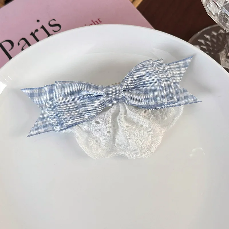 Blue Plaid Lace Bow Hair Clips Girls Cute Sweet Duckbill Clip Party Hair Accessories