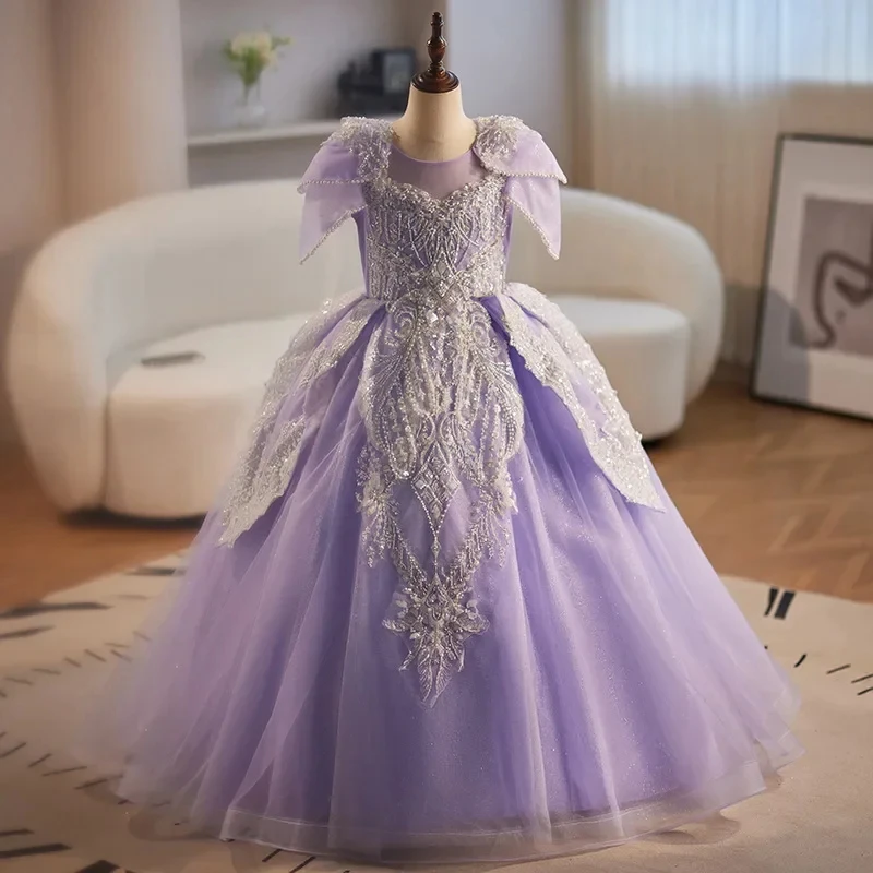 Customized Purple Flower Girl Dress for Wedding Appliques Glitter High Waist Floor Length Kids Birthday First Communion Gown