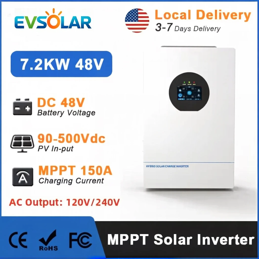 

12KW 7.2KW Hybrid Solar Inverter 48VDC to 120V/240VAC Split Phase Inverter with MPPT 150A/250A Max PV 9KW /9KW Battery-Free Starting